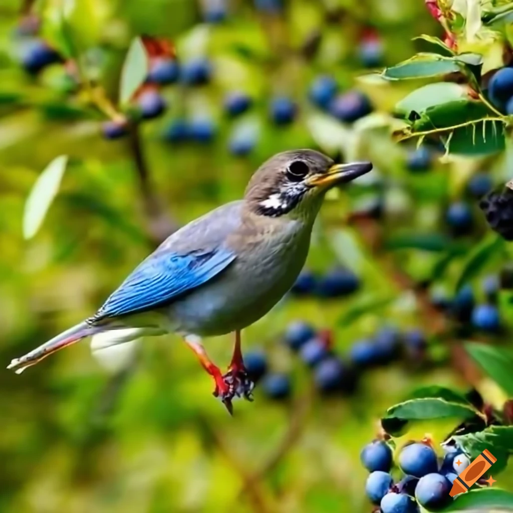 A bird eating a big blueberry while flying in a field of blueberries