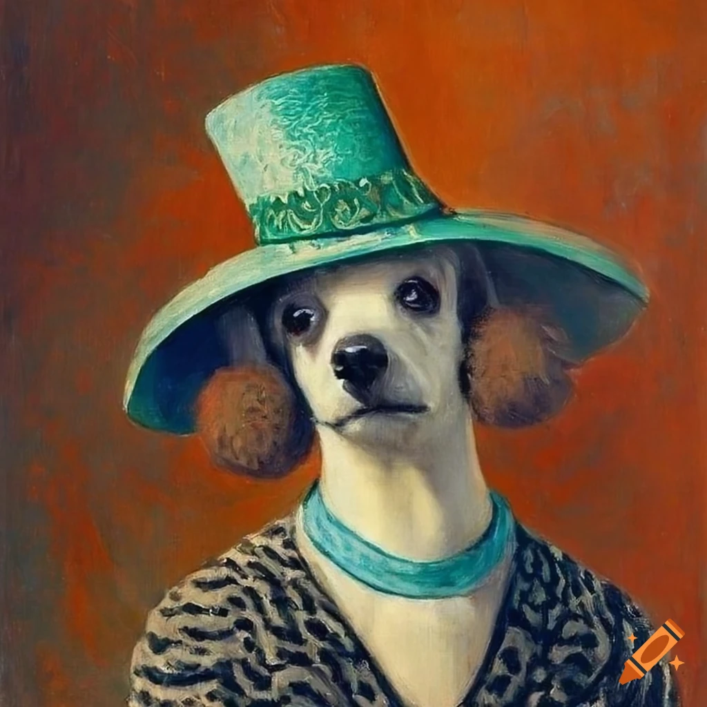 a noble poodle wearing a hat, Max Ernst style, high quality, masterpiece