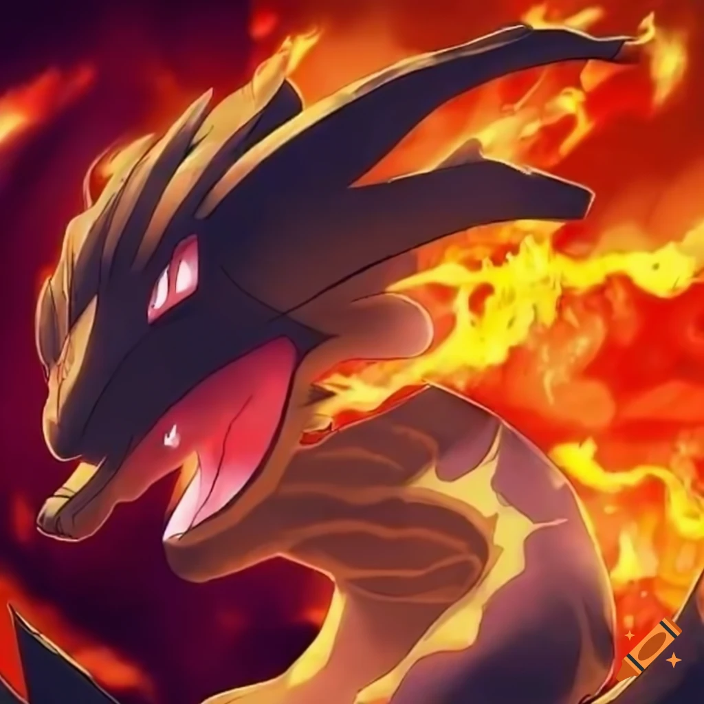 Pyrodrake: a fire/dragon-type pokémon resembling a majestic dragon engulfed  in flames. it has a serpentine body covered in fiery scales, glowing red  eyes, and large wings capable of creating scorching gusts of