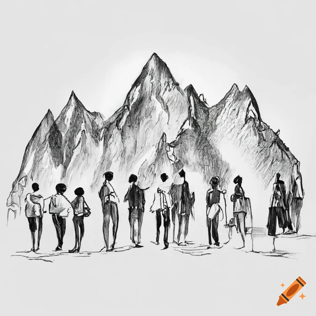 A group of people climb mountain and holding hands on Craiyon