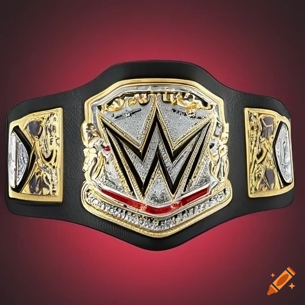 Shiny wrestling championship belt with floral design on it, detailed gold  plates with silver outlines and wwe logo ine the middle on a black strap,  red background on Craiyon