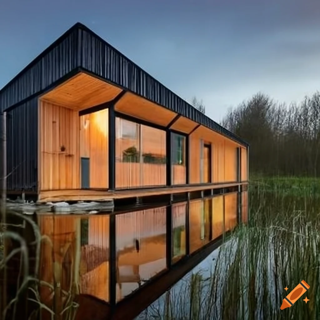 Modern timber house on stilts in a british wetland on Craiyon
