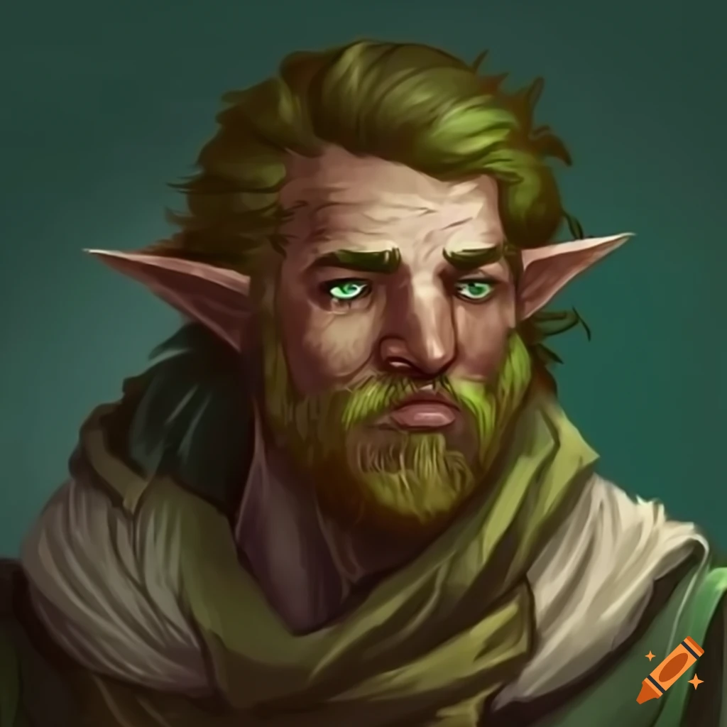Dnd animated firbolg male young green skin brown hair and beard on Craiyon