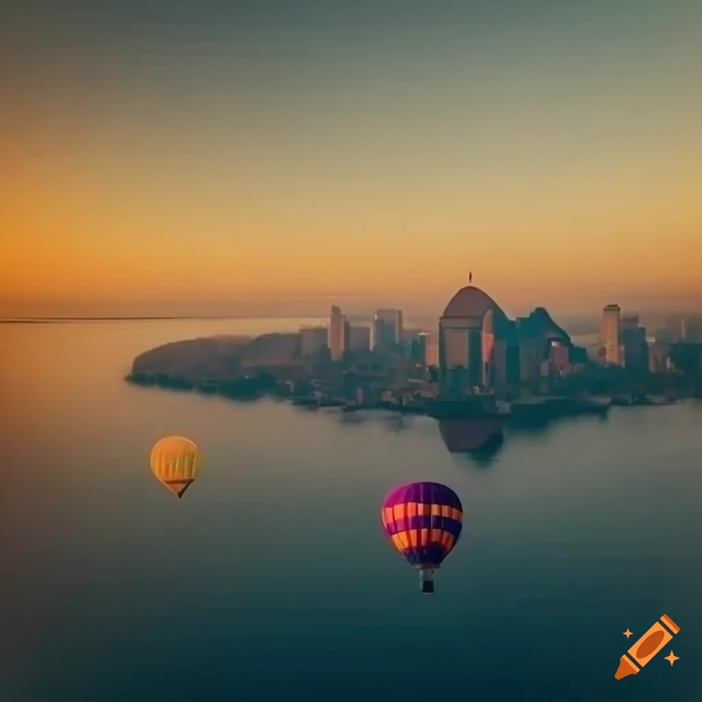 A colorful hot air balloon floating in the sky above a massive city by ...