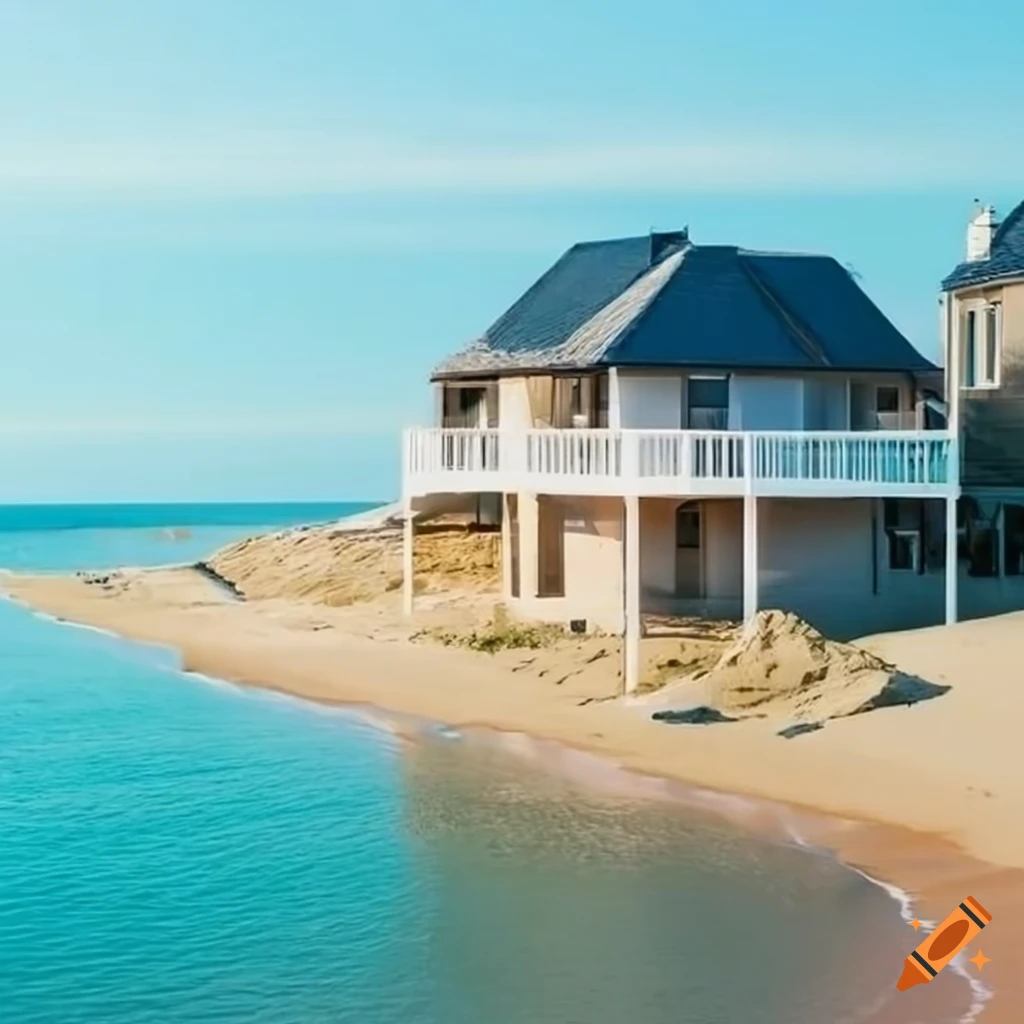 Une maison construite sur un bord de plage sablonneux rappelant les vacances avec une eau clair