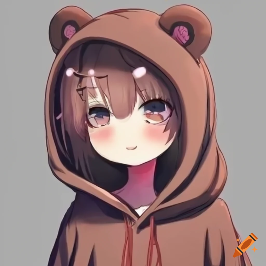 Chibi cute small girl in an over-sized hoodie with bear ears, anime,  drawing, icon on Craiyon