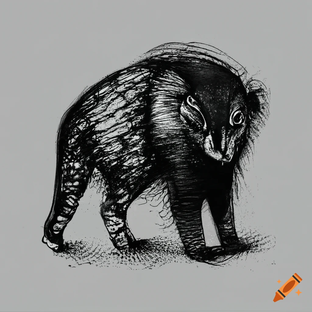 Abstract animal drawn with black ink on white background no human