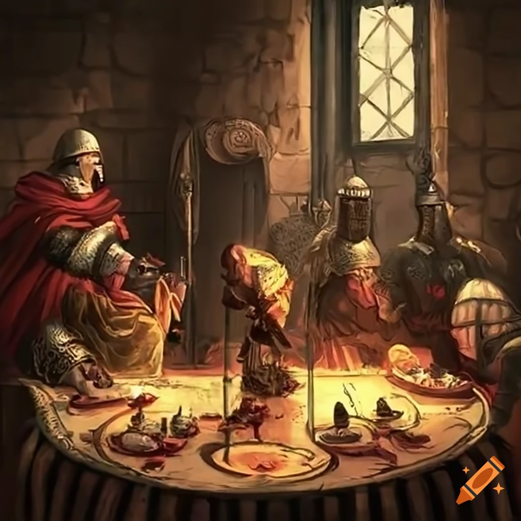 9 Knights during a feast around a round table on Craiyon, image size:1024x1024