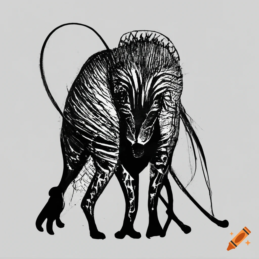 Abstract animal drawn with black ink on white background no human on ...