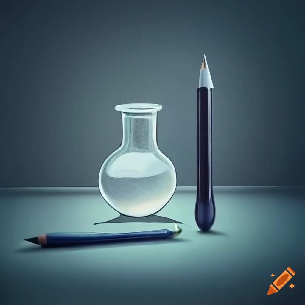 A lab beaker and a pen writing on paper