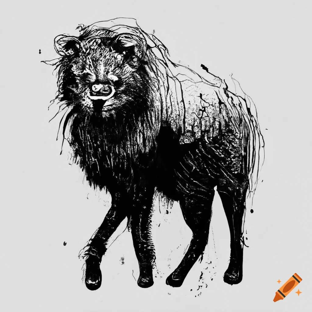 Abstract animal drawn with black ink on white background no human on ...