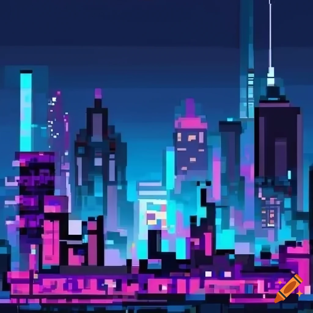A futuristic neon city in pixel art style spirte deltarune multiple pose
