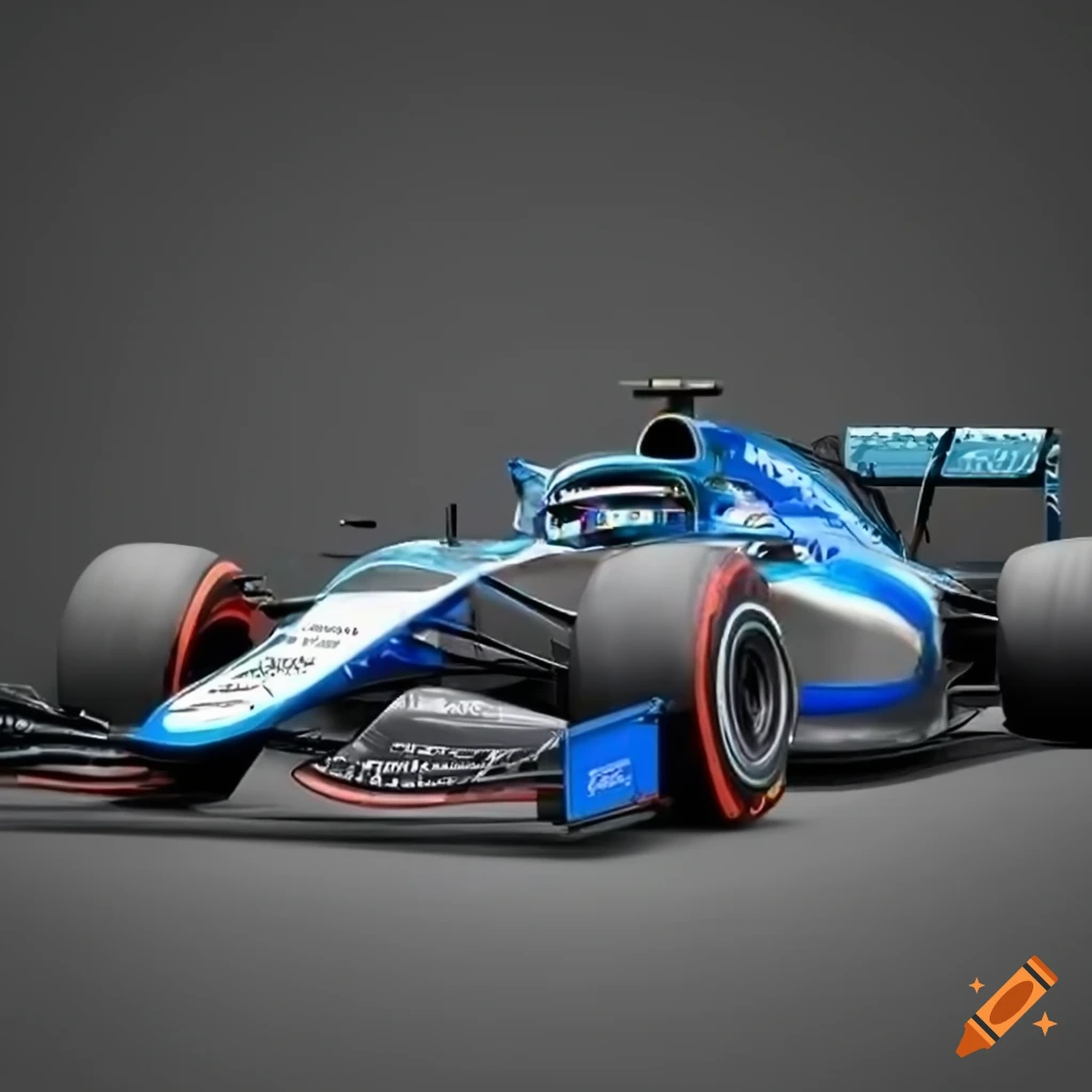 Generate F1 car livery image using Metallic Silver (base) & Electric Blue (accent). Reflective base, sleek contours. Seamless sponsor logos. Modern & professional. Stand out on F1 grid. Cohesive design, balanced colors & logos