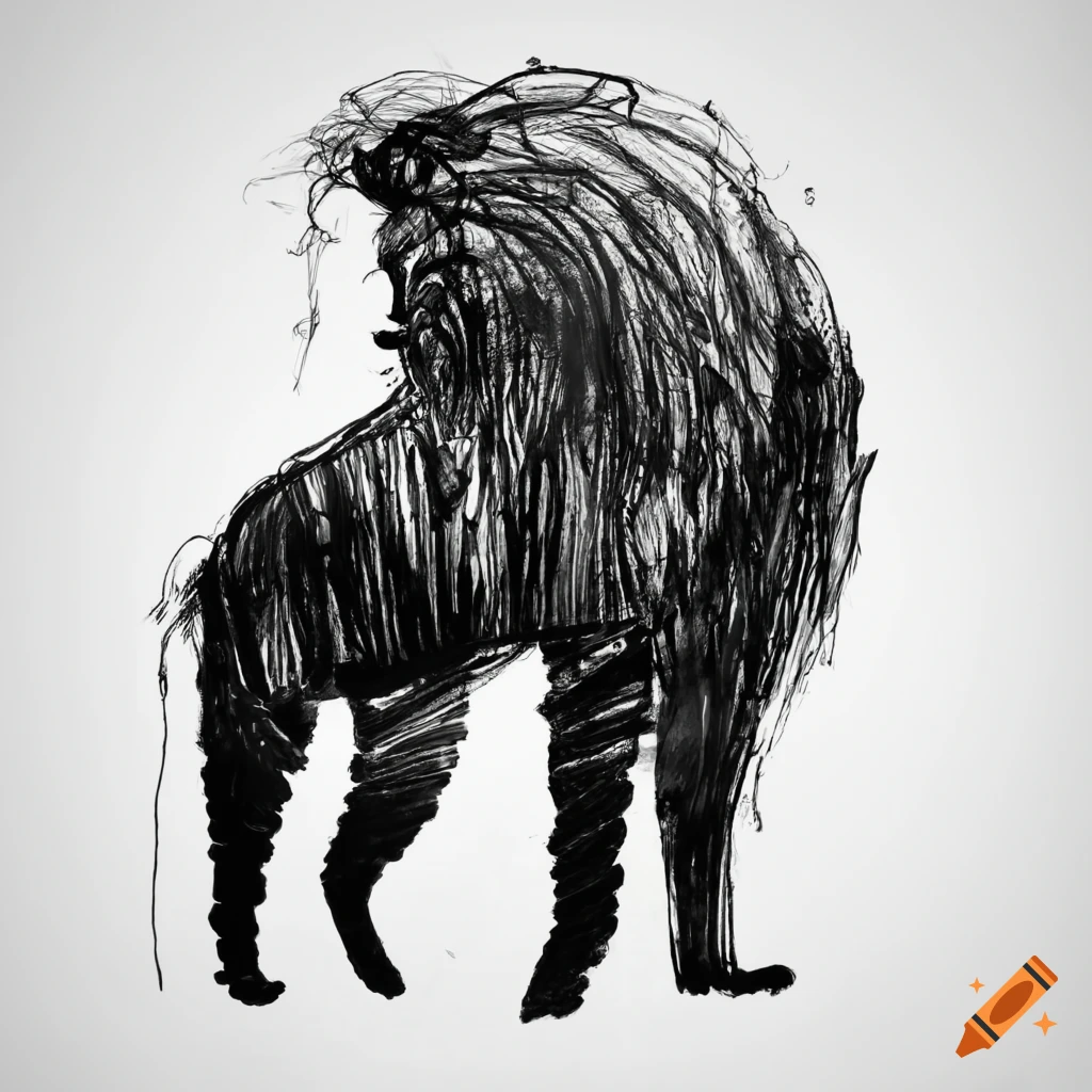 Abstract animal drawn with black ink on white background no human on ...