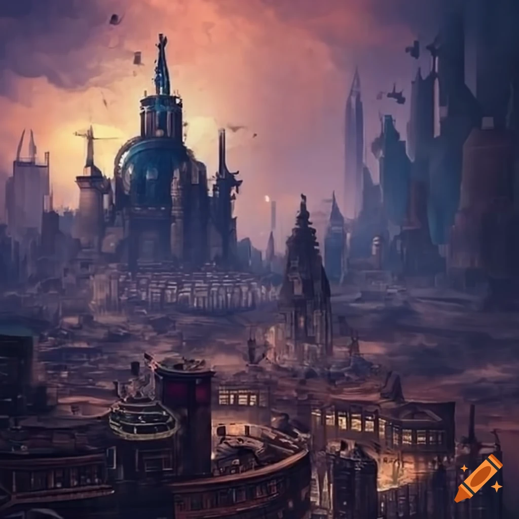 A steampunk city with a clear sky on Craiyon