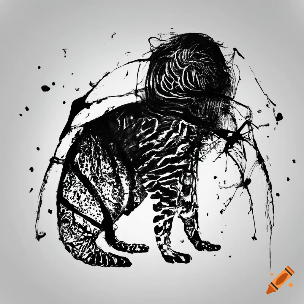 Abstract animal drawn with black ink on white background no human