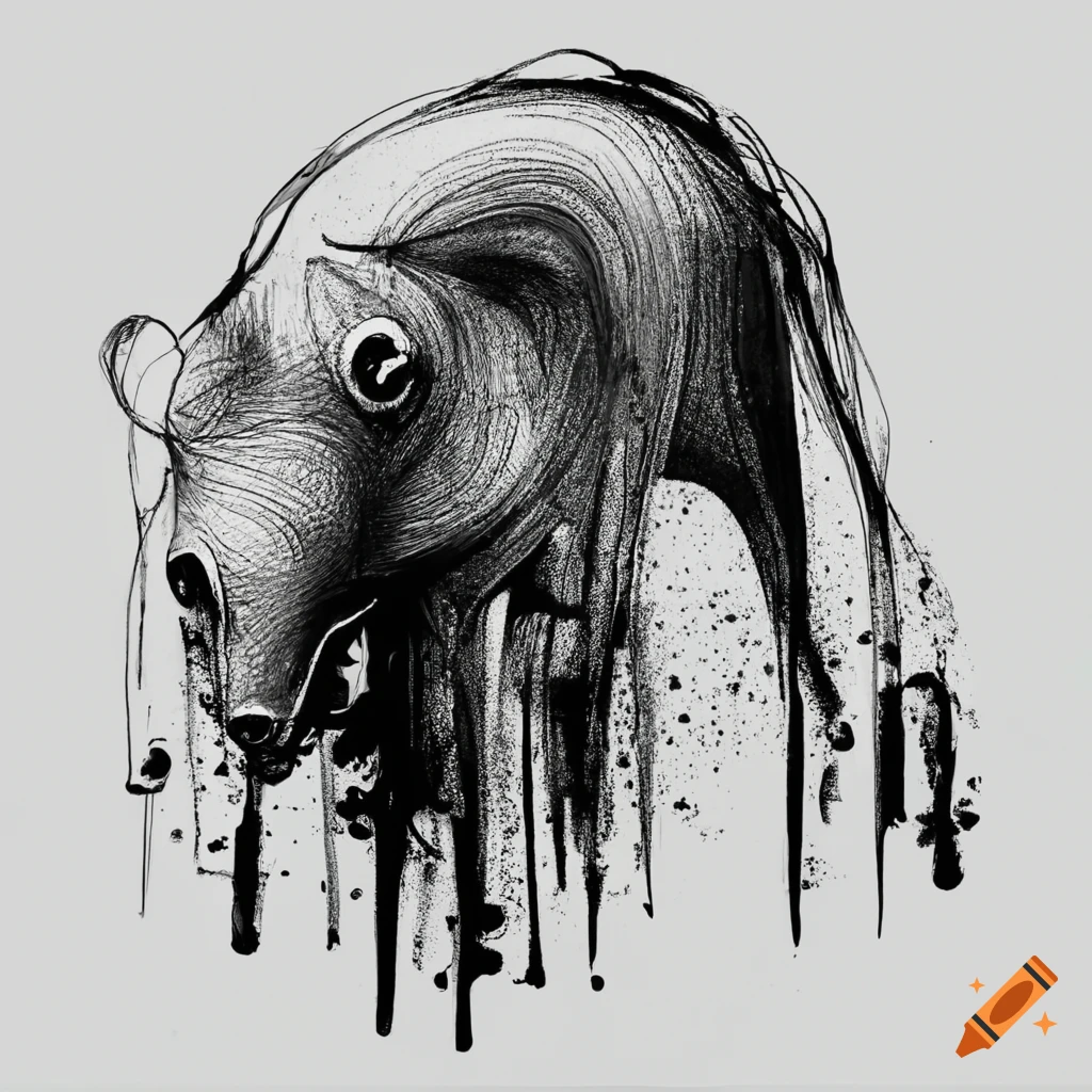 Abstract animal drawn with black ink on white background no human