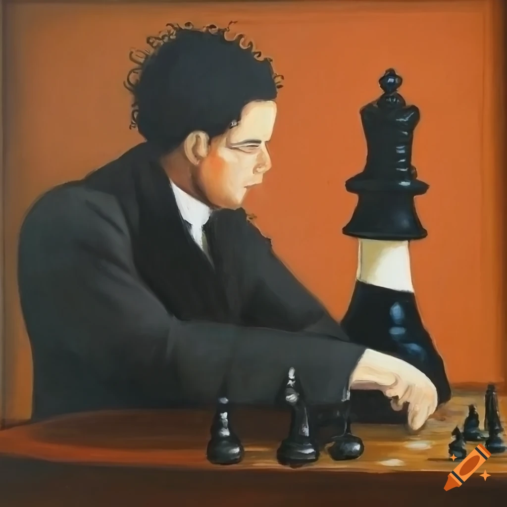 Oil painting of a grand chess match outside a school