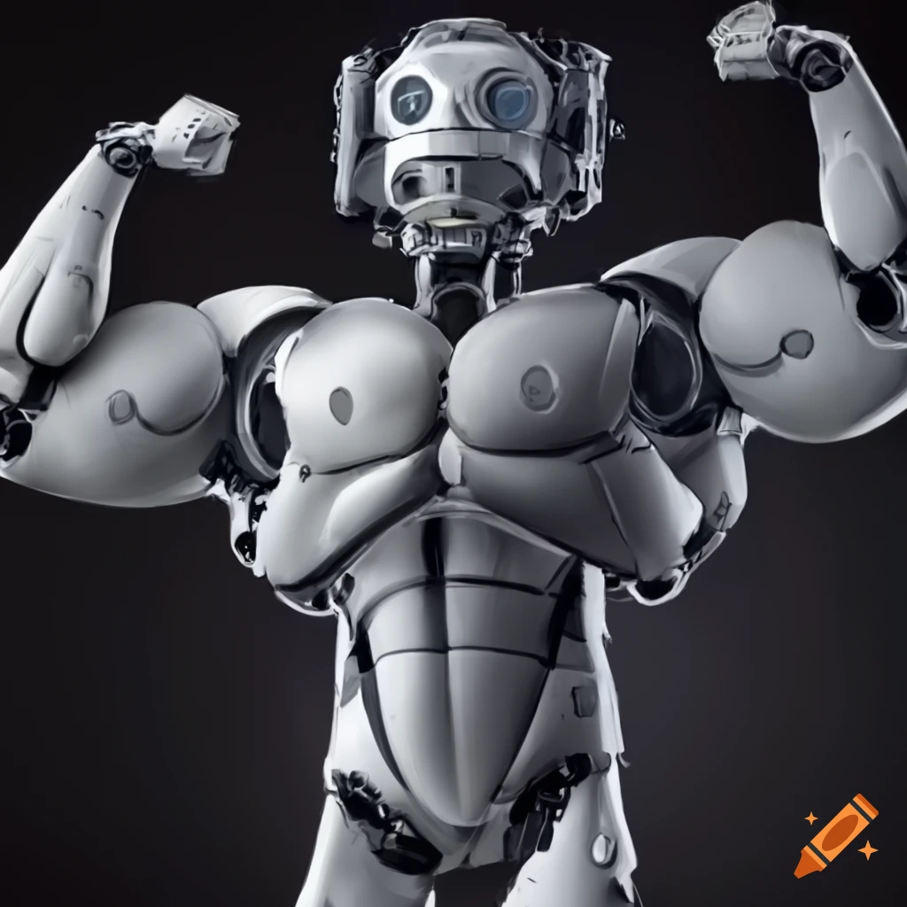 buff robot in space, flexing his biceps