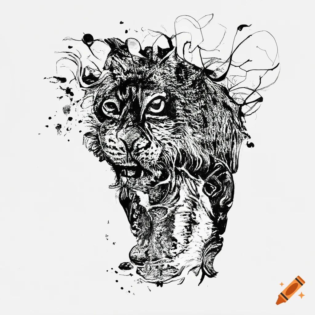 Abstract animal drawn with black ink on white background no human