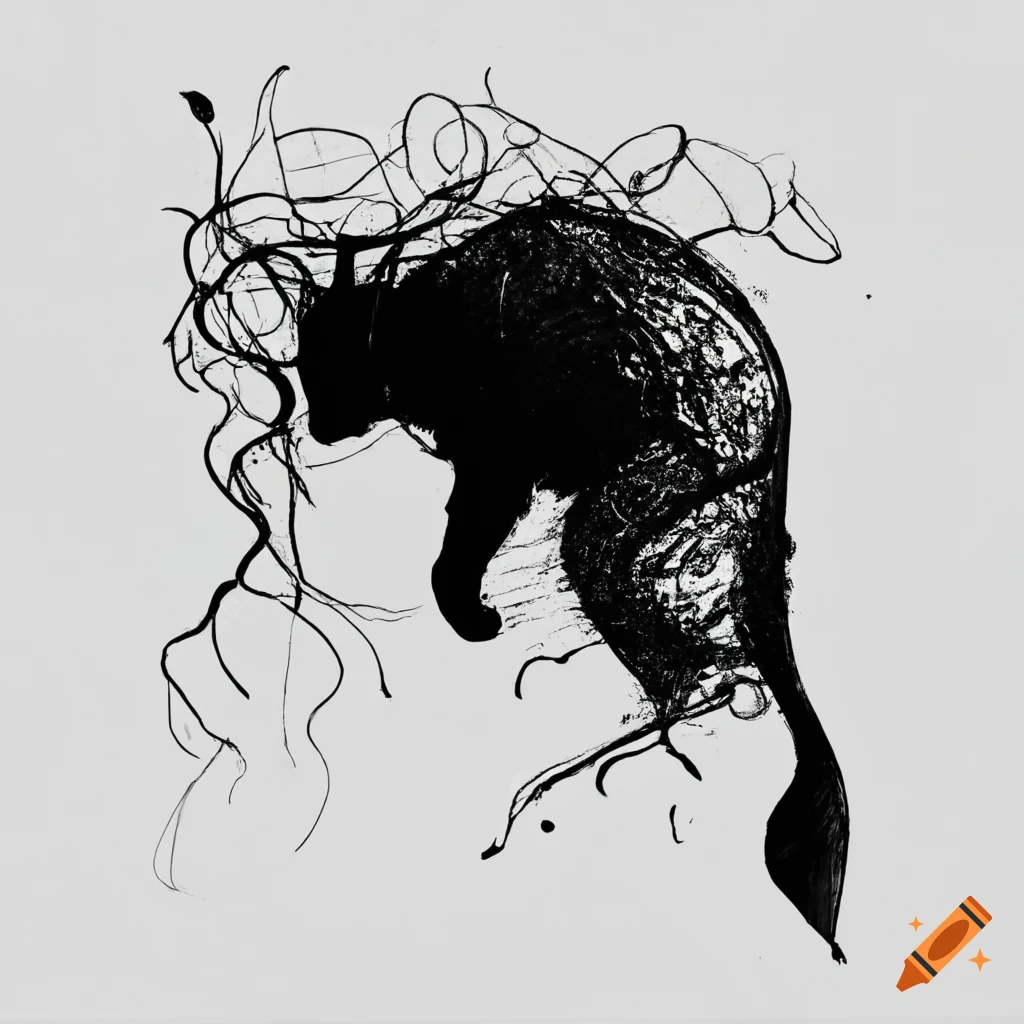 Abstract animal drawn with black ink on white background no human on ...