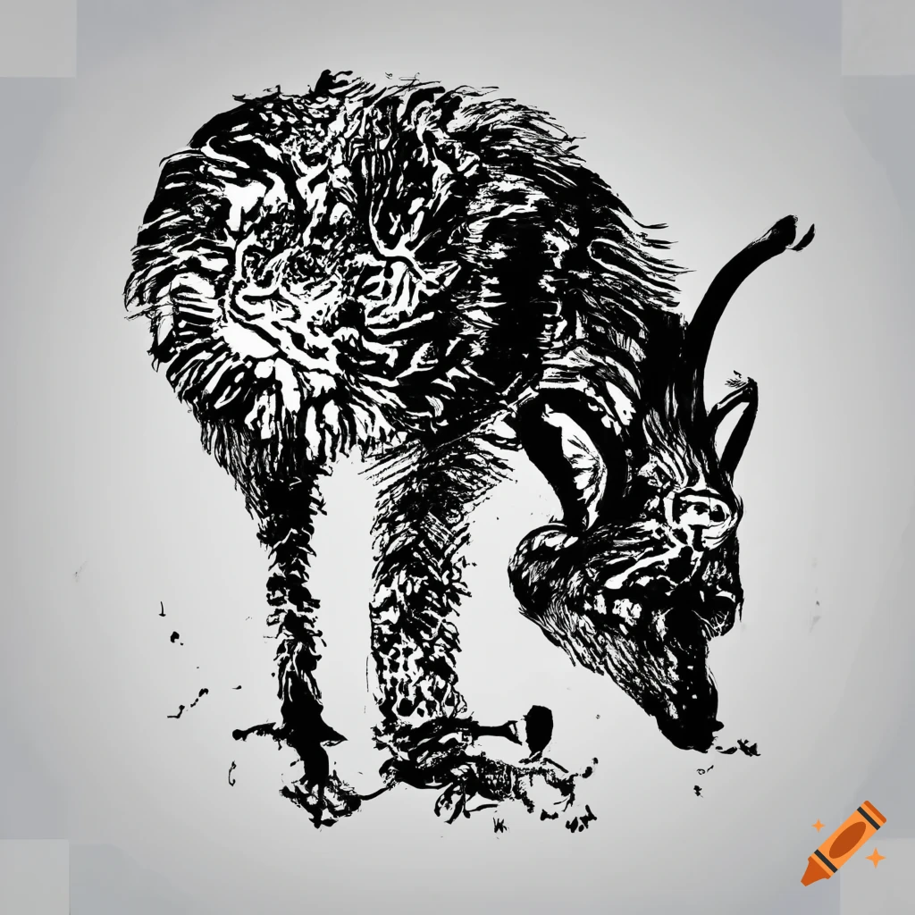Abstract animal drawn with black ink on white background no human