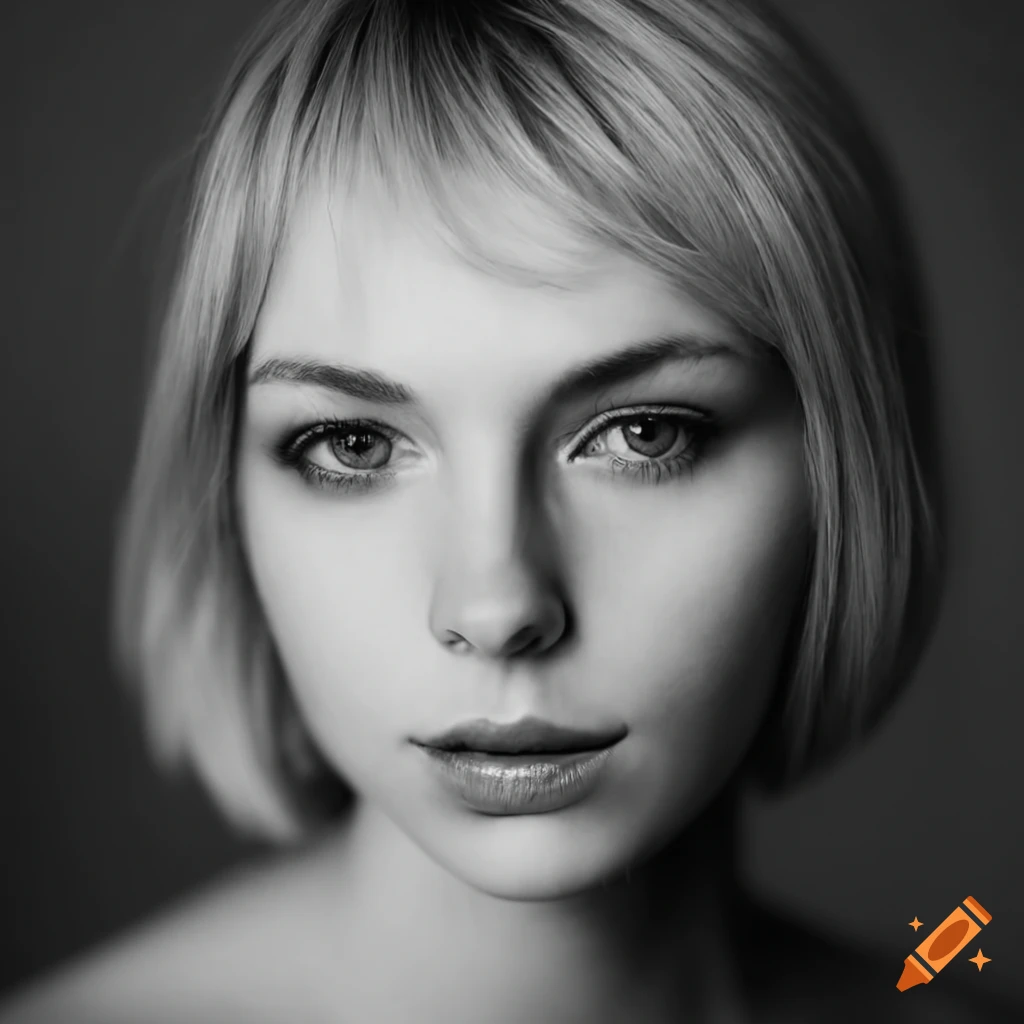 Black and white portrait of a woman with blonde hair, short hair ...