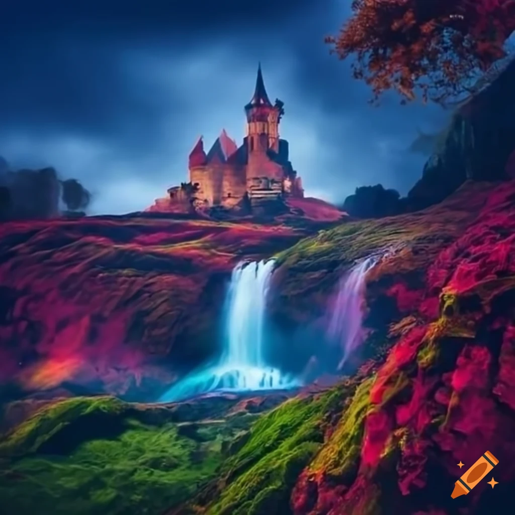 Majestic castle on a hill under colorful illuminated waterfall