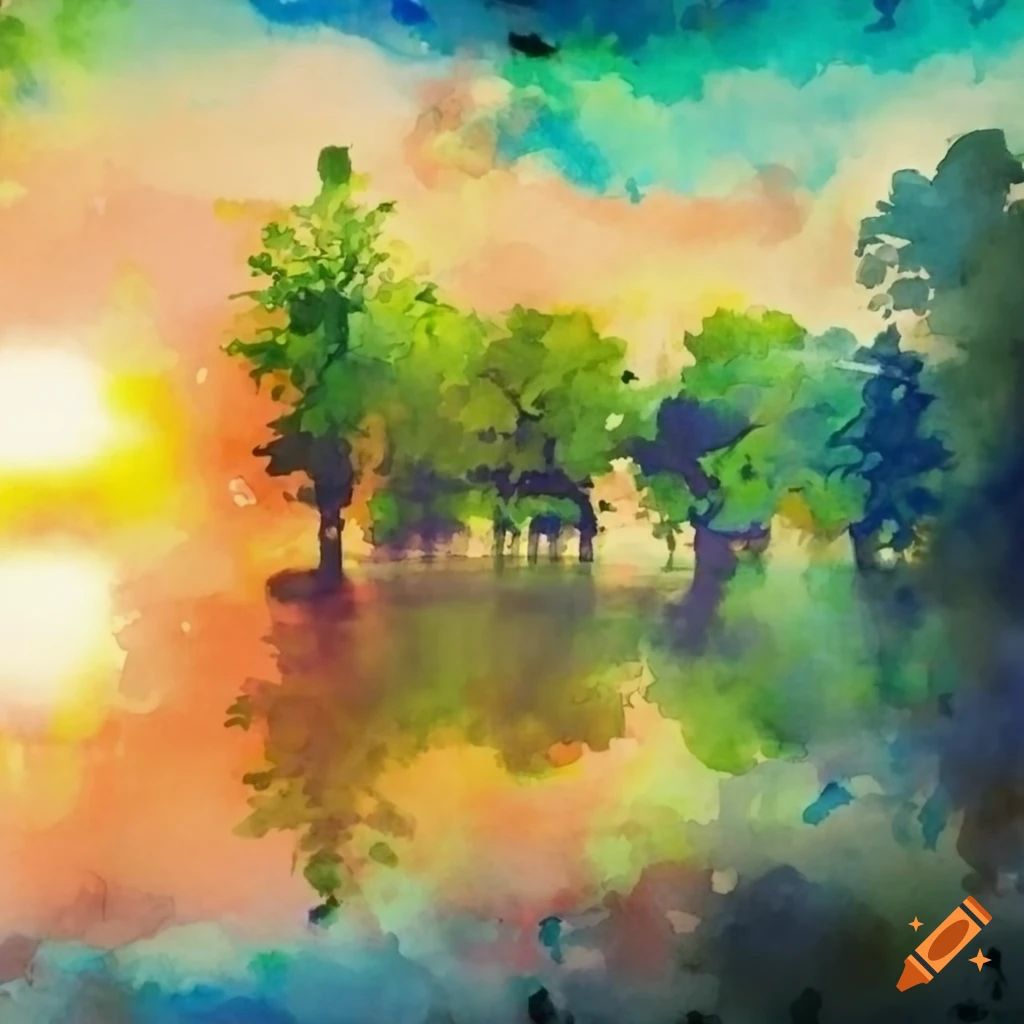 Colorful Watercolor Ink Style Sun Mountain Boat Tree Landscape Painting ·  Creative Fabrica