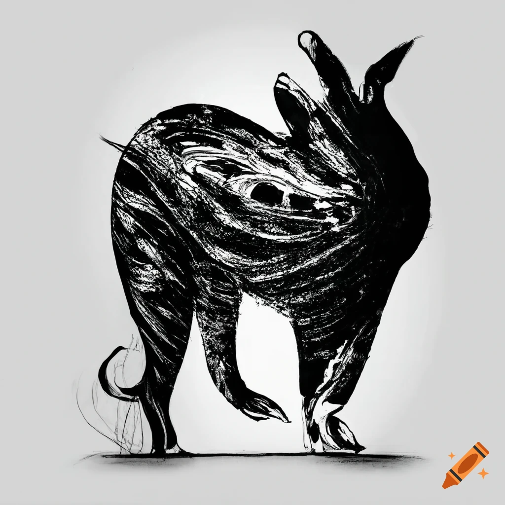 Abstract animal drawn with black ink on white background no human on ...