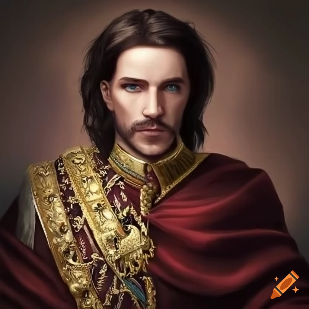 King, white male, spanish, portrait, dark brown hair on Craiyon