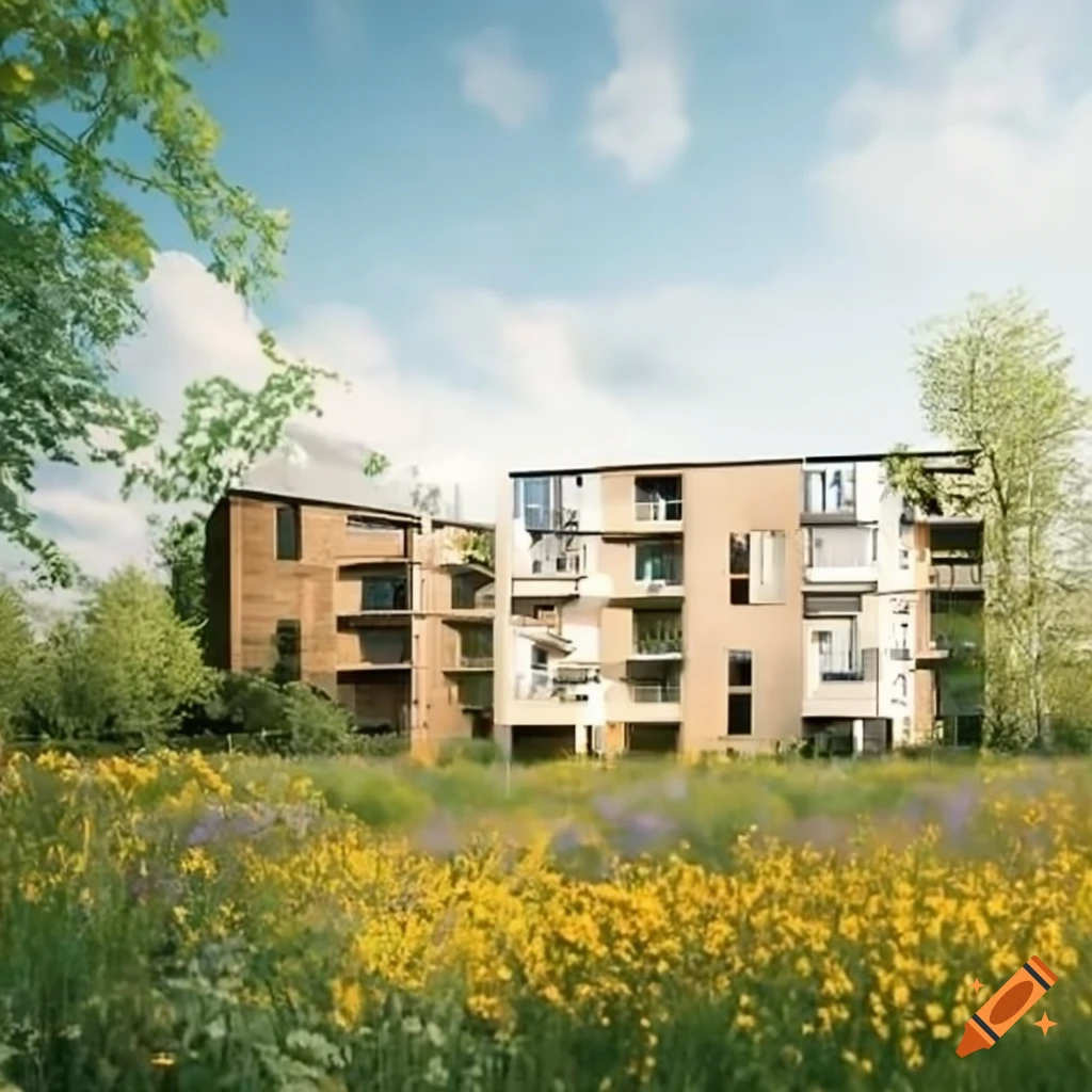 Modern cotswold apartments with balconies in wildflower meadow