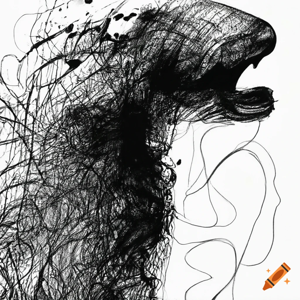 Abstract animal drawn with black ink on white background no human on ...
