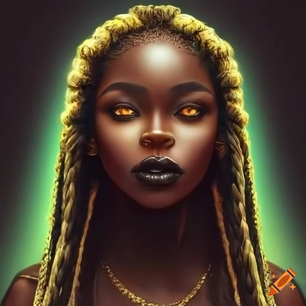 Black woman, long braided hair, brass hair, yellow eyes, portrait