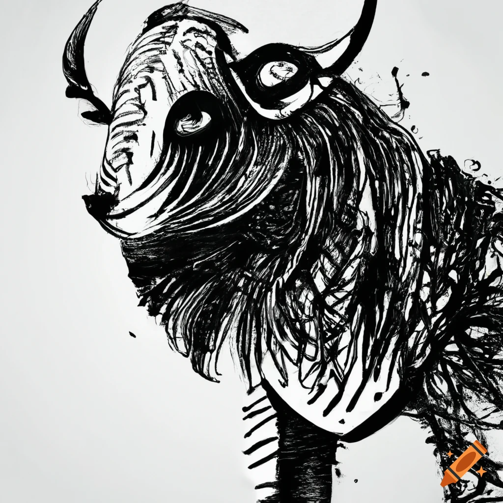 Abstract animal drawn with black ink on white background no human