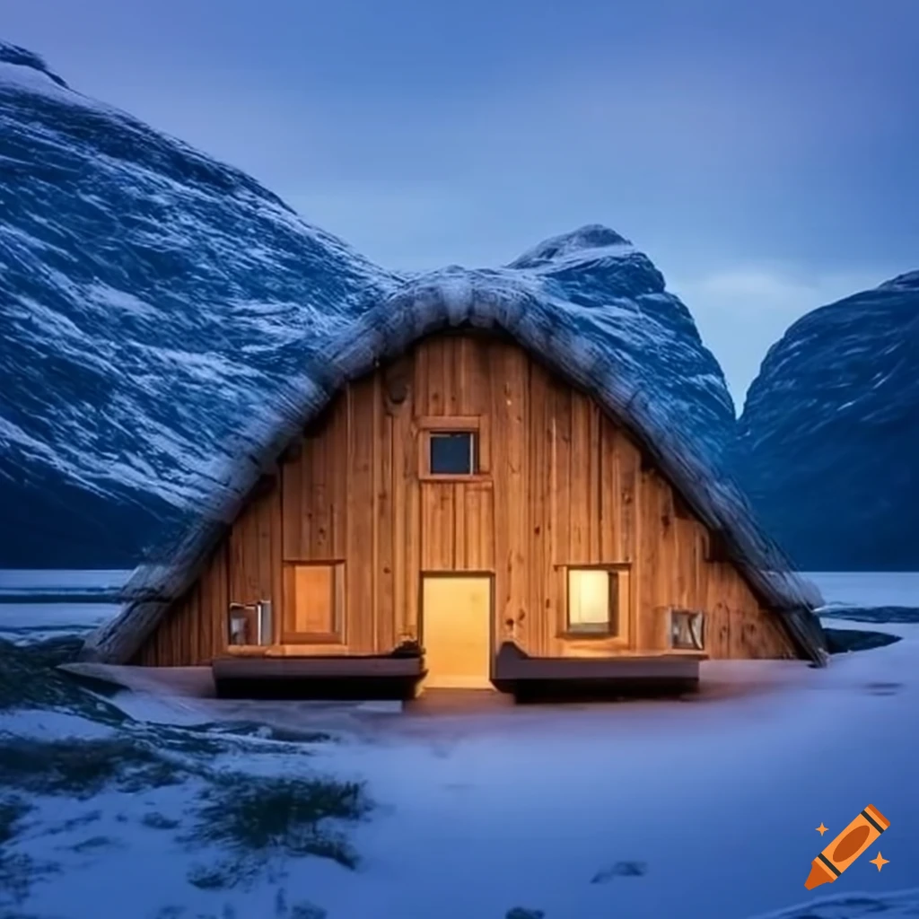 Modern viking house made by timber, turfed roof and large windows by