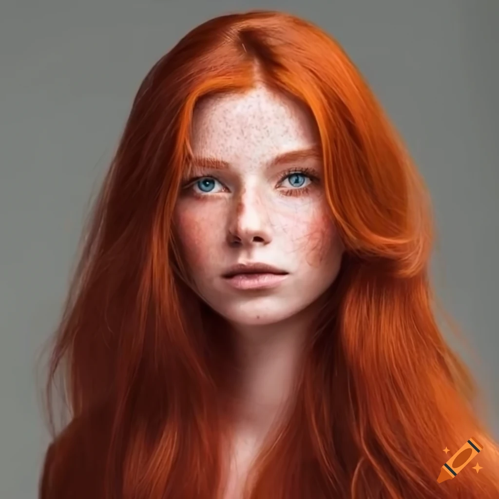 Beautiful young woman shoulderlength red hair very light freckles on