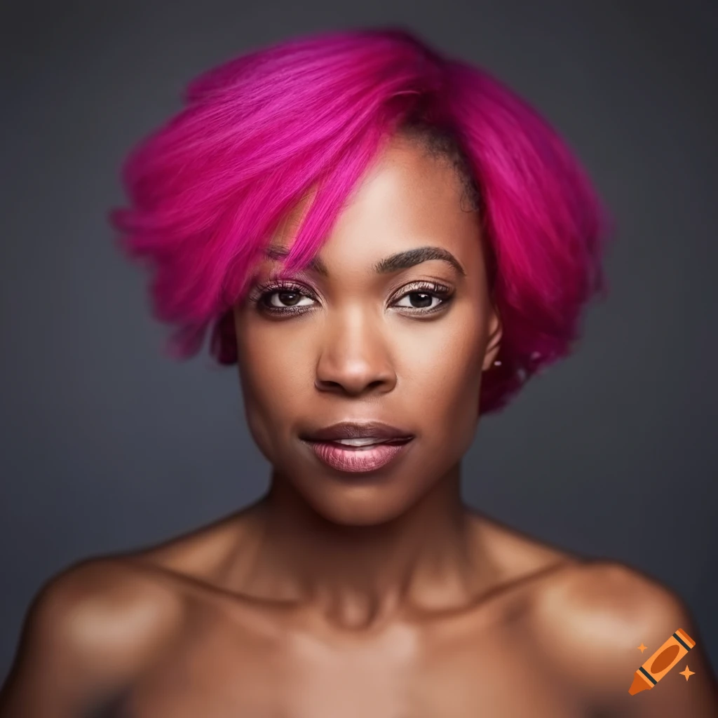 An African American woman with pink hair, posing for a photoshoot on ...
