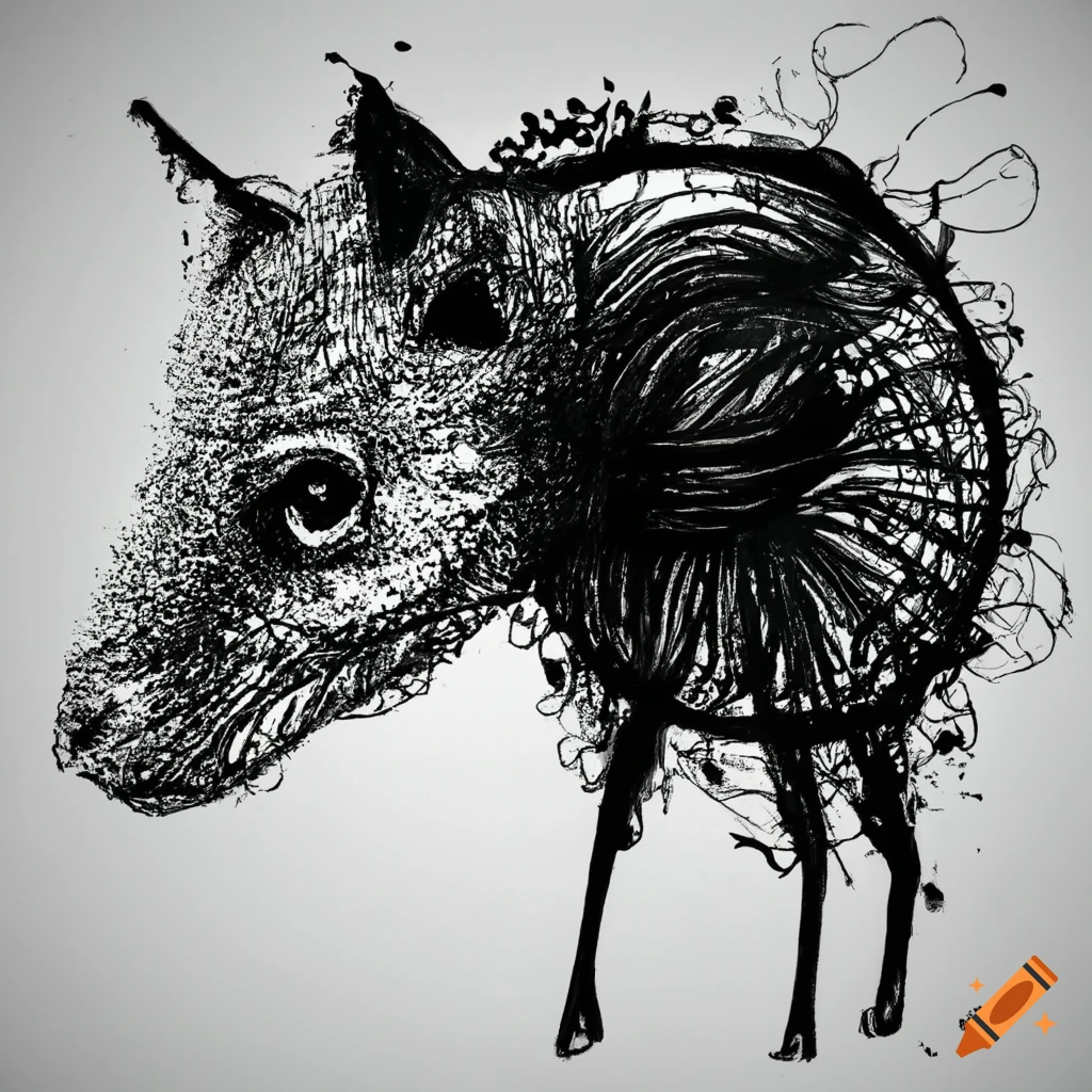 Abstract animal drawn with black ink on white background no human