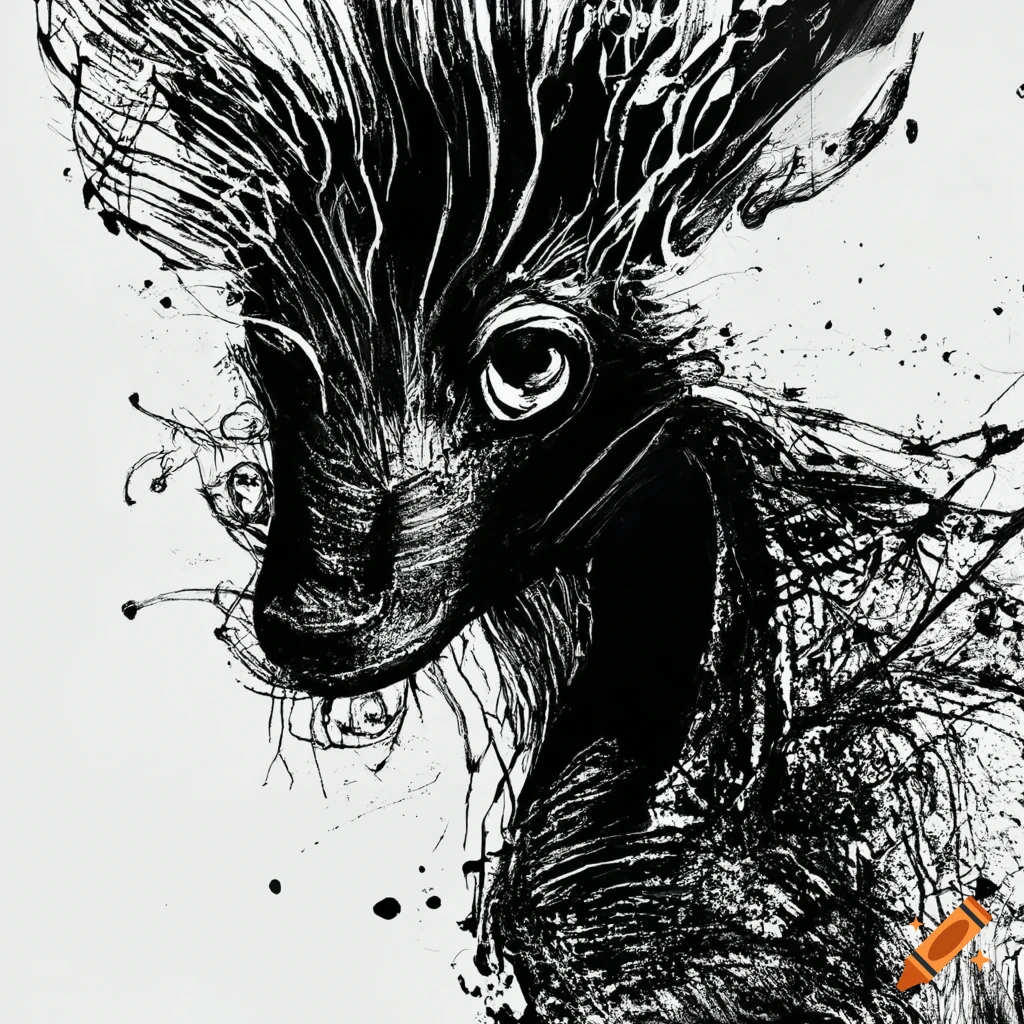 Abstract animal drawn with black ink on white background no human