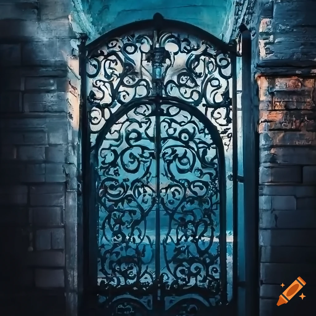 Intricate iron gate, passing thru lights, light background