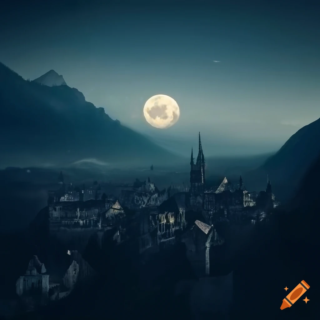 Panoramic view of a dark gothic medieval city nestled in a valley between mountains, night sky, full moon