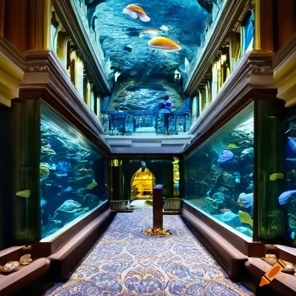 Hotel foyer displaying a huge aquarium with exotic fish, photo 2000 x 1000  on Craiyon