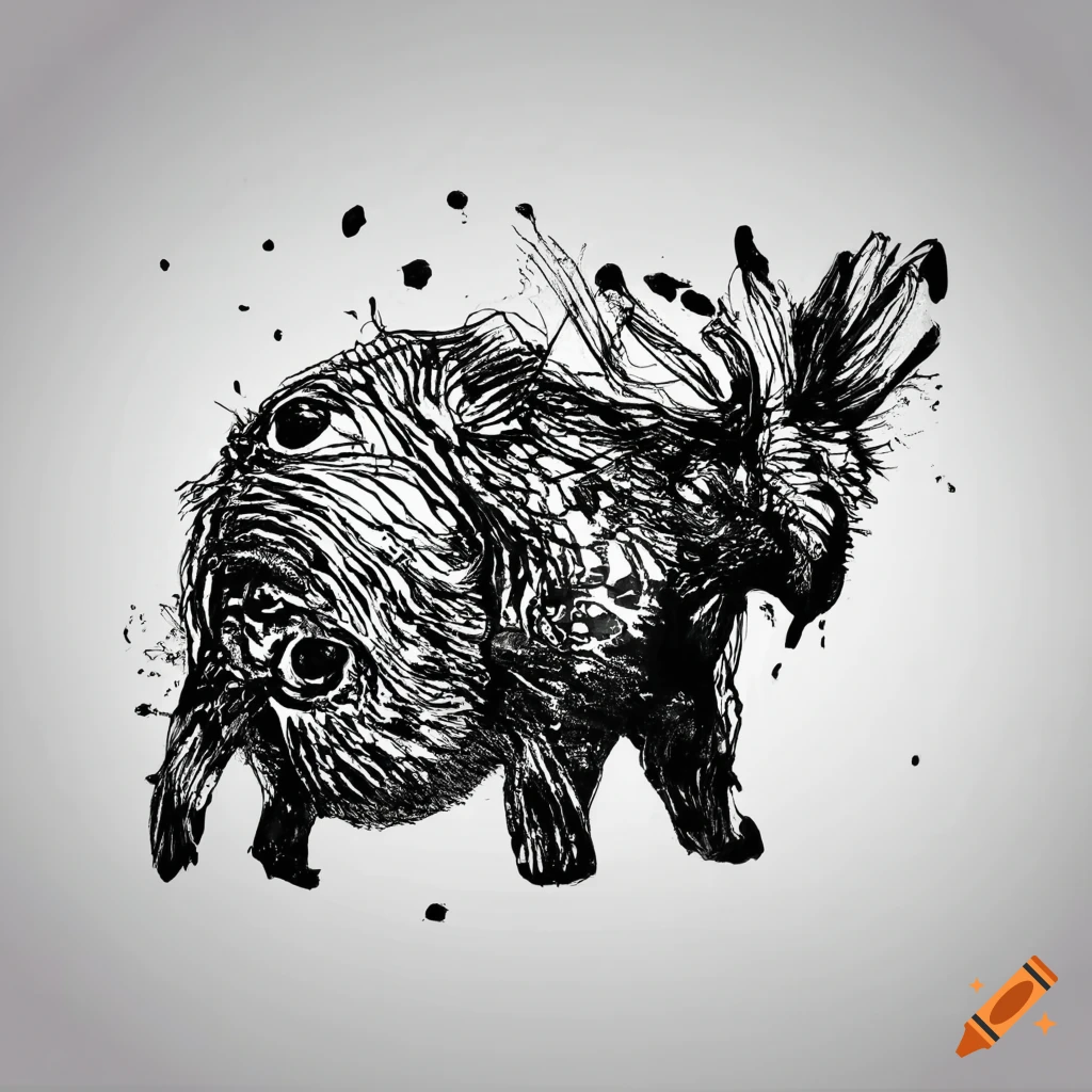 Abstract animal drawn with black ink on white background no human on ...
