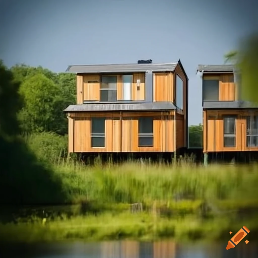 Modern timber terraced houses on stilts in an english wetland in summer ...