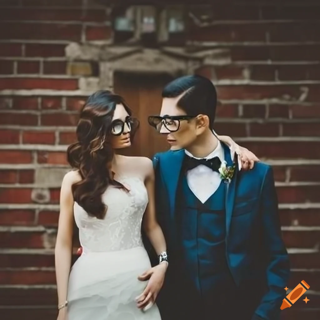 Christian couple with dark brown hair and glasses wedding photo on Craiyon