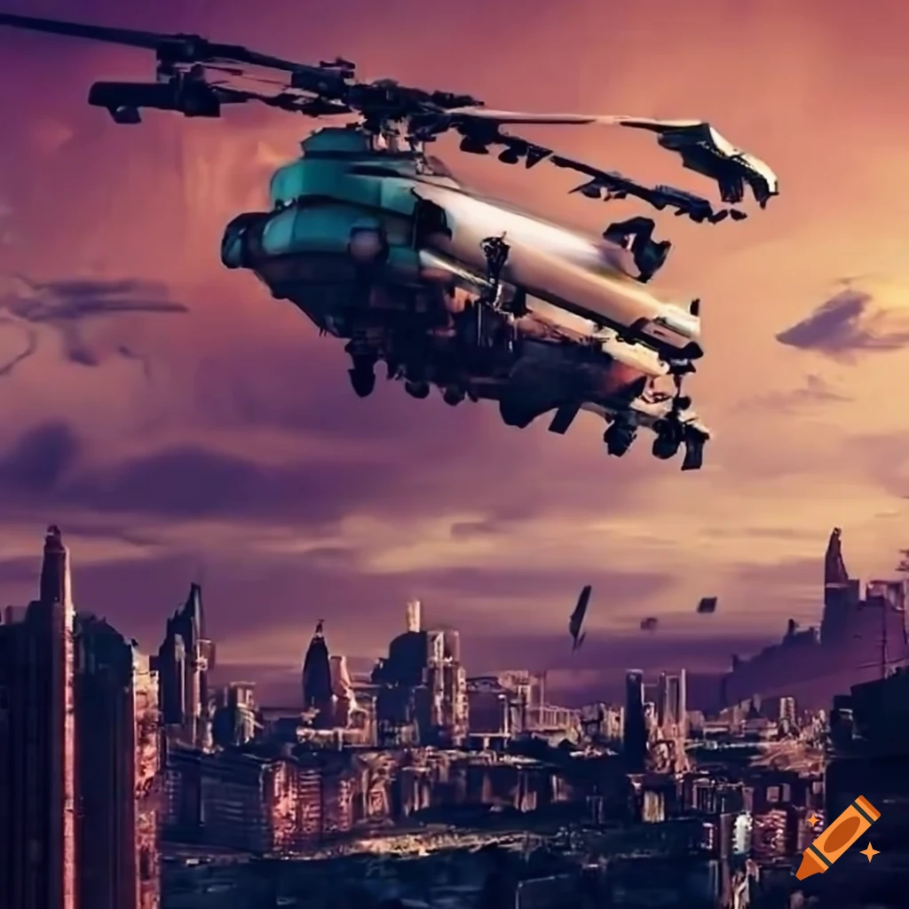 Sci-fi helicopter flying over ruined city