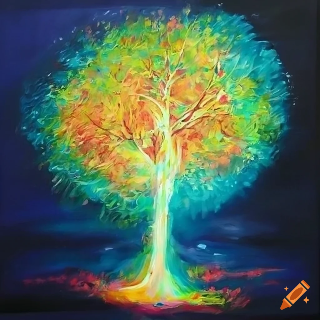Glowing tree of light acrylic painting on Craiyon