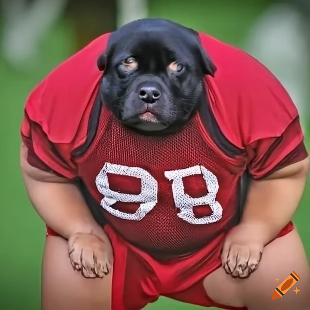 Budderball, the chubbiest, biggest, and oldest of the puppies. He enjoys food and wears eye black on his face to look like a football player. In addition to this he also sports a red football shirt
