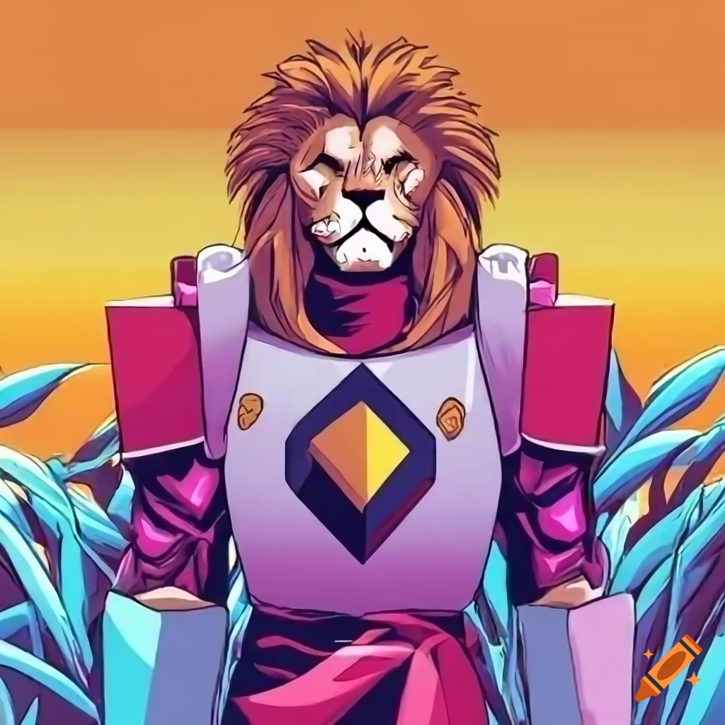 90's anime, a humanoid crusader paladin with the head of a lion, blurred  wheat fields sunset background, face of a lion, 90s manga, 90's manga,  color, grainy, grainy, grainy, sharp contrast shadows,